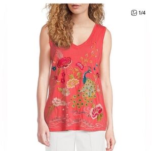 Johnny Was Coral Embroidered Tank Top,size Large